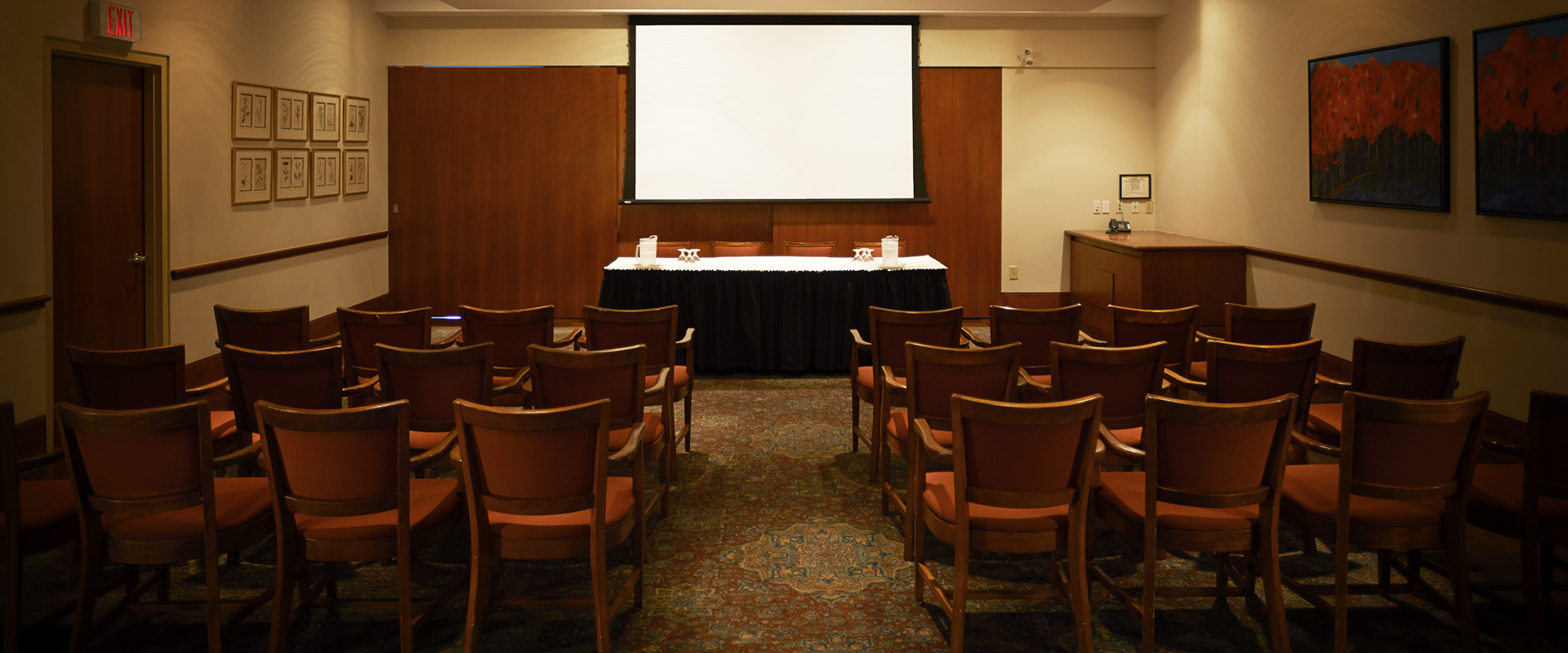Meeting room set up for a presentation with theatre-style seating